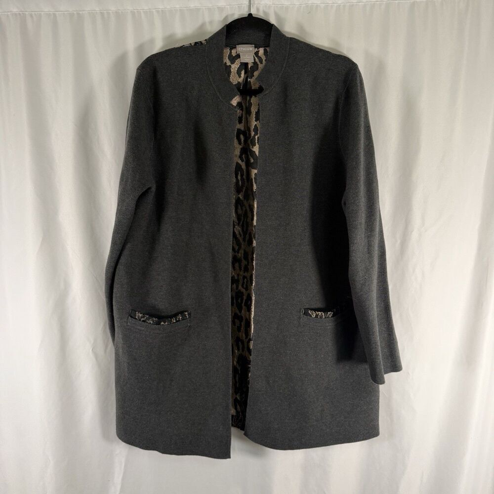 Chico's Cardigan Women's 2 Large Grey Gold Cheetah Print Open Front Pockets